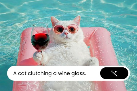type text to generate a image about cat lying in the pool and holding up a red wine glass