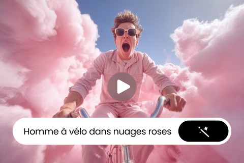 Entrer du texte pour créer une vidéo d'un homme roulant à vélo à travers des nuages roses
